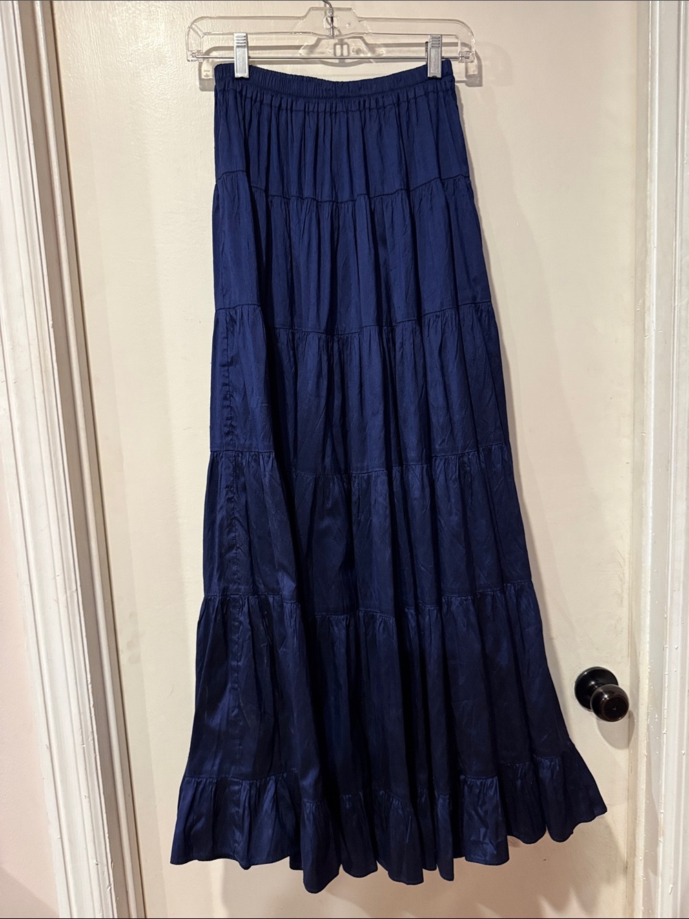 Calypso brand Tiered Maxi Skirt in Navy - Elegant Silk Maxi